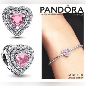 PANDORA Sparkling Leveled Pink Hearts Charm w/box
